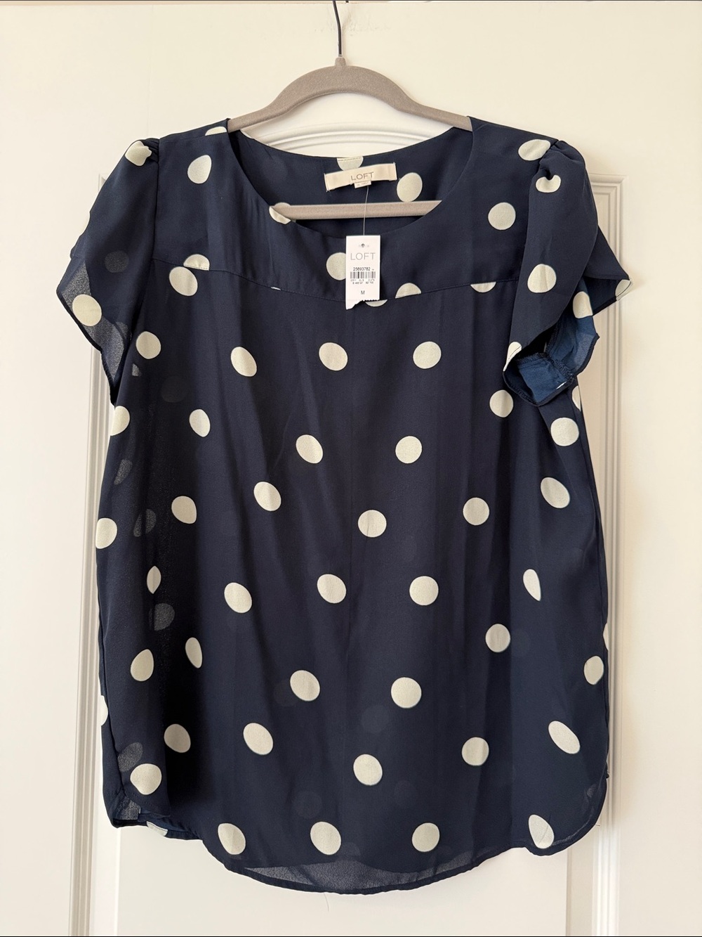 LOFT Navy Polka Dot Short Flutter Sleeve Blouse